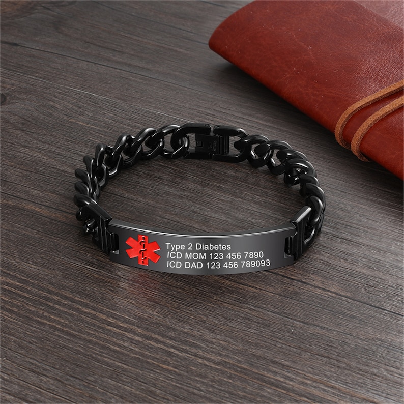 Custom Diabetes Medical Alert ID Bracelet for Men, Personalized Titanium Steel Emergency Info Wristband for Daily Wear