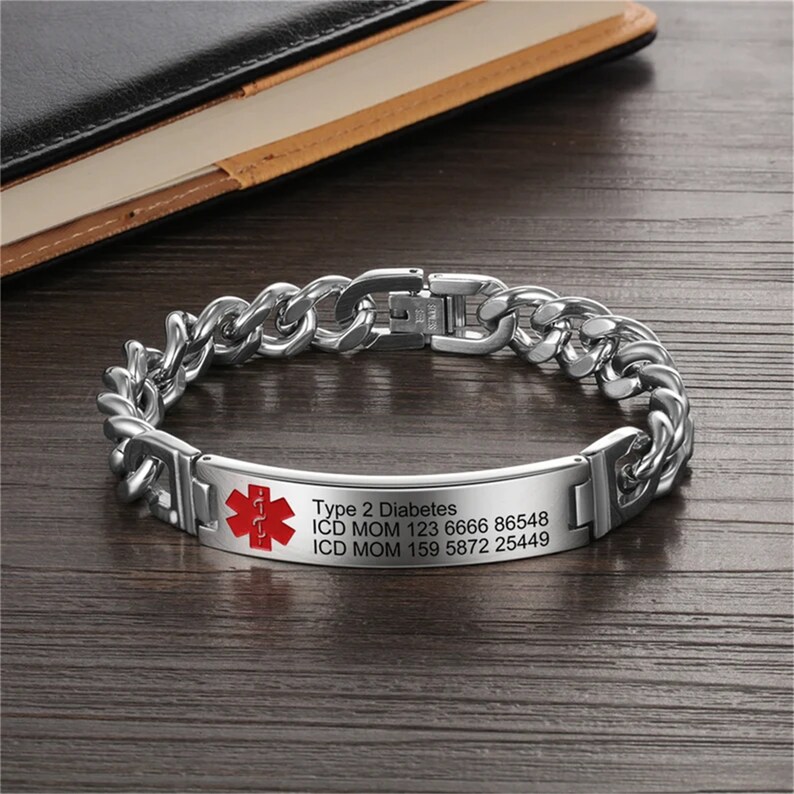 Custom Diabetes Medical Alert ID Bracelet for Men, Personalized Titanium Steel Emergency Info Wristband for Daily Wear