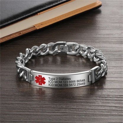 Custom Diabetes Medical Alert ID Bracelet for Men, Personalized Titanium Steel Emergency Info Wristband for Daily Wear