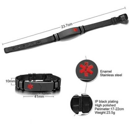 Personalized Black Stainless Steel Medical ID Adjustable Bracelet - Free Engraving!