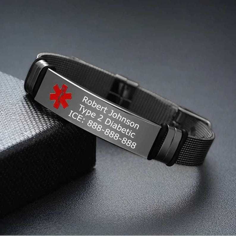 Personalized Black Stainless Steel Medical ID Adjustable Bracelet - Free Engraving!