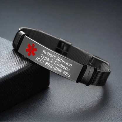 Personalized Black Stainless Steel Medical ID Adjustable Bracelet - Free Engraving!
