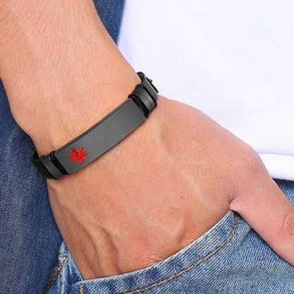 Personalized Black Stainless Steel Medical ID Adjustable Bracelet - Free Engraving!