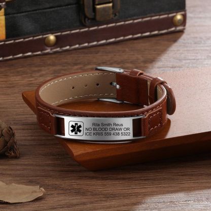 Personalised Medical Alert Bracelet  For Men,Stainless Steel &Pu Leather Bracelet Waterproof Emergency ID Contact SOS Bracelet Gift For Dad