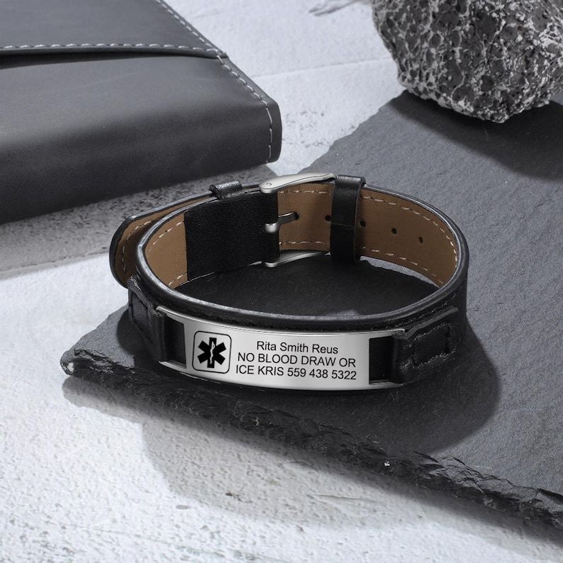 Personalised Medical Alert Bracelet For Men,Stainless Steel &Pu Leathe