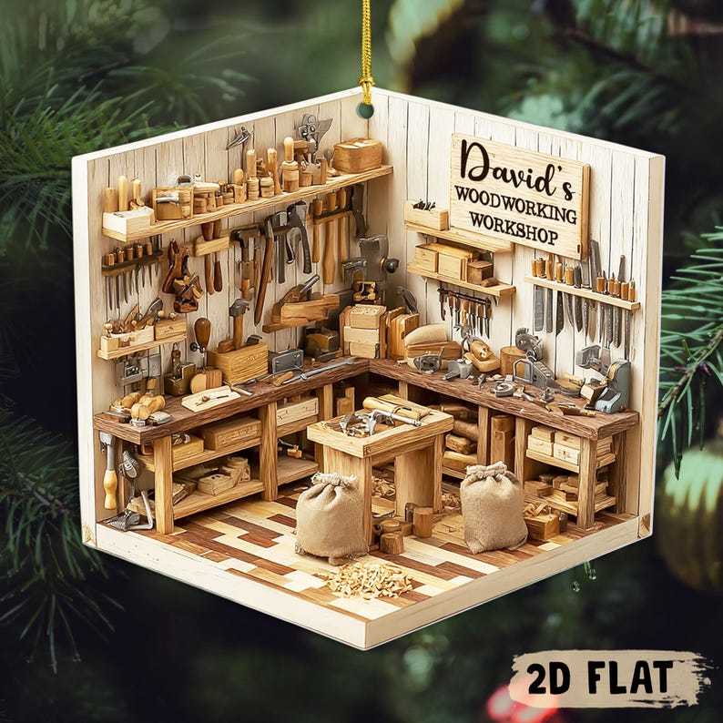 Personalized Woodworking Workshop Christmas Ornament, Carpenter 2D Flat Ornament , Wood Workshop Decor, DIY Lovers And Handmade Gift Idea
