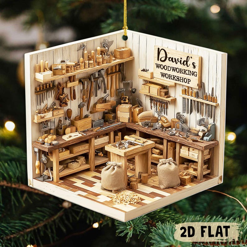 Personalized Woodworking Workshop Christmas Ornament, Carpenter 2D Flat Ornament , Wood Workshop Decor, DIY Lovers And Handmade Gift Idea