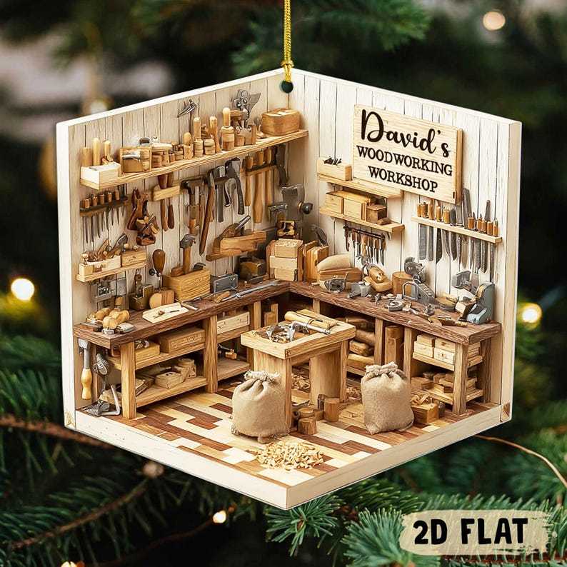 Personalized Woodworking Workshop Christmas Ornament, Carpenter 2D Flat Ornament , Wood Workshop Decor, DIY Lovers And Handmade Gift Idea
