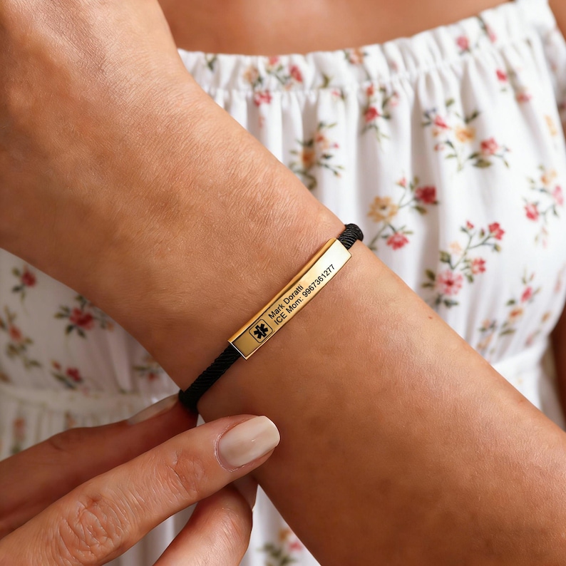 Medical Alert Bracelet, Personalized Medical Rope Bracelet with Engraving, ID & Medical Bracelets, Minimalist Emergency Jewelry for Her Him