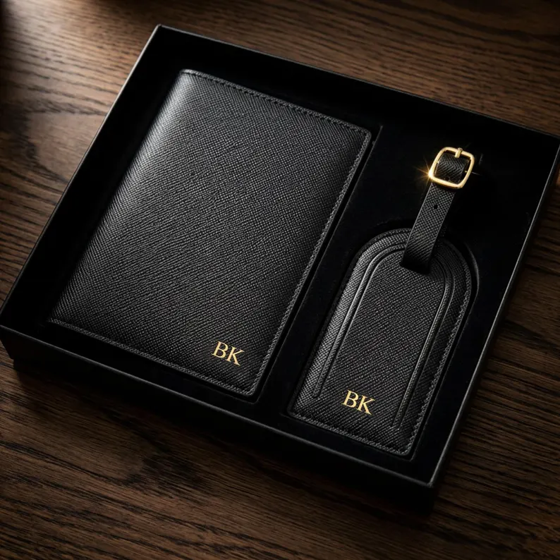 Personalised Saffiano Leather Passport Holder Luggage Tag Set | Travel Accessories, Wedding Favor
