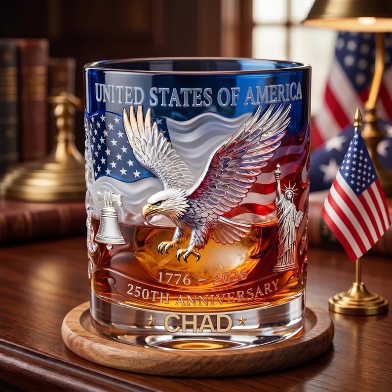United States 250th Anniversary, Personalized Whiskey Glass, Gift For Men, Custom Name, Patriotic Cup Gift For Him, a5091e6d