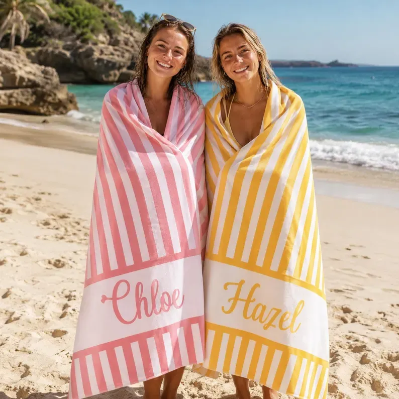 Personalized Groovy Striped Beach Towel: Custom Bachelorette Party Gift