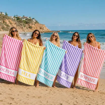 Personalized Groovy Striped Beach Towel: Custom Bachelorette Party Gift