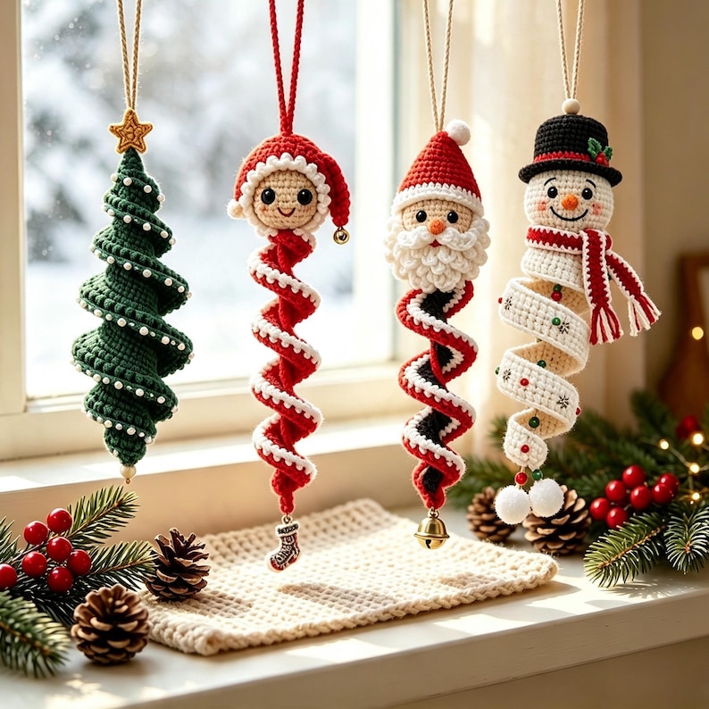 4 in 1 Crochet Christmas Spiral Wind Chime Ornament PDF Pattern|Santa,Snowman,Xmas Tree,Elf Hanging Decor,Beginner Friendly,Instant Download
