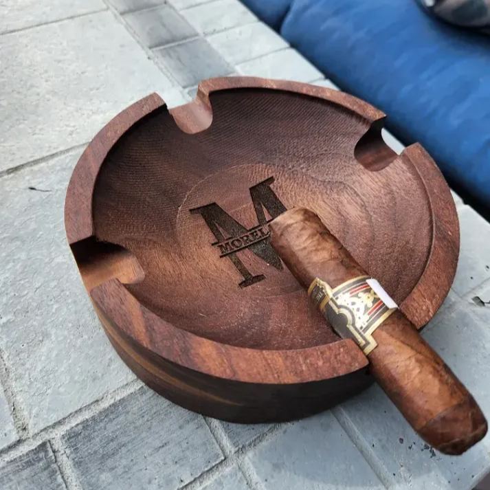 Personalized Name Walnut Cigar Ash Tray Personalized Cigar Cutter For Dad, Groomsman Gift Proposal Custom Cigar Accessories For Him