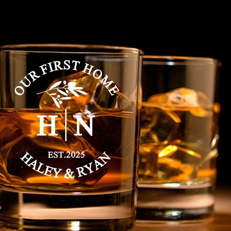 Personalized Our First Home Whiskey Tumblers Engraved His and Hers Initial Whiskey Glass Custom Design Glass Wedding Housewarming Gift New Home Gift
