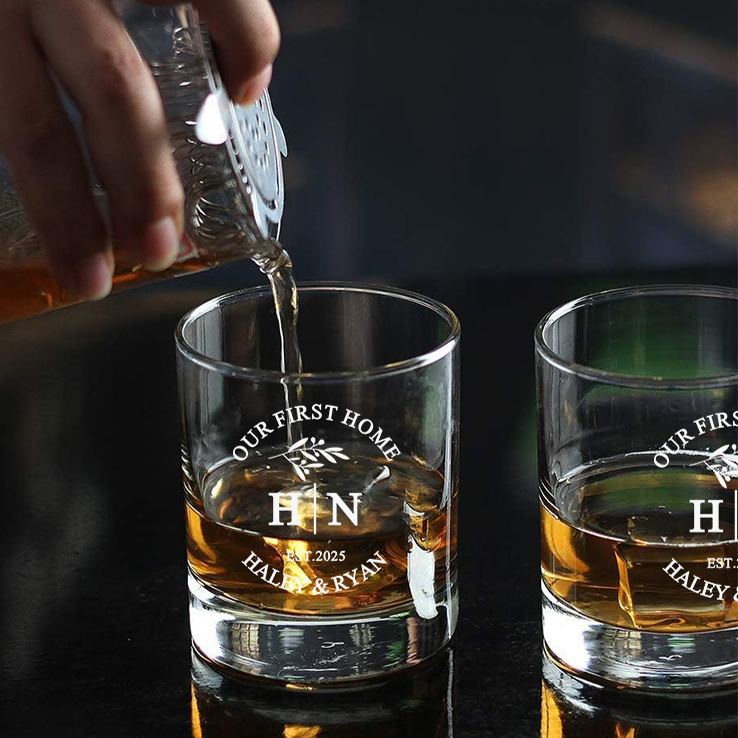 Personalized Our First Home Whiskey Tumblers Engraved His and Hers Initial Whiskey Glass Custom Design Glass Wedding Housewarming Gift New Home Gift