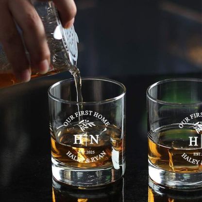 Personalized Our First Home Whiskey Tumblers Engraved His and Hers Initial Whiskey Glass Custom Design Glass Wedding Housewarming Gift New Home Gift