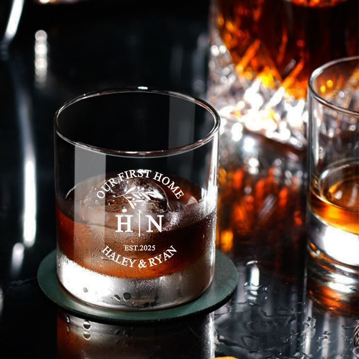 Personalized Our First Home Whiskey Tumblers Engraved His and Hers Initial Whiskey Glass Custom Design Glass Wedding Housewarming Gift New Home Gift