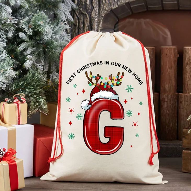 Personalized First Christmas in Our New Home Gift Bag Custom Christmas Sack with Initials Reindeer Design Holiday Decoration New Home Keepsake