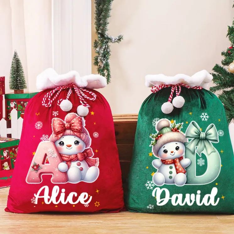 Personalized Cute Cartoon Santa Hat Snowman Initial Drawstring Gift Bag with Name Christmas Gift