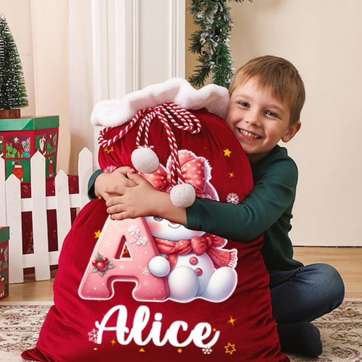 Personalized Cute Cartoon Santa Hat Snowman Initial Drawstring Gift Bag with Name Christmas Gift