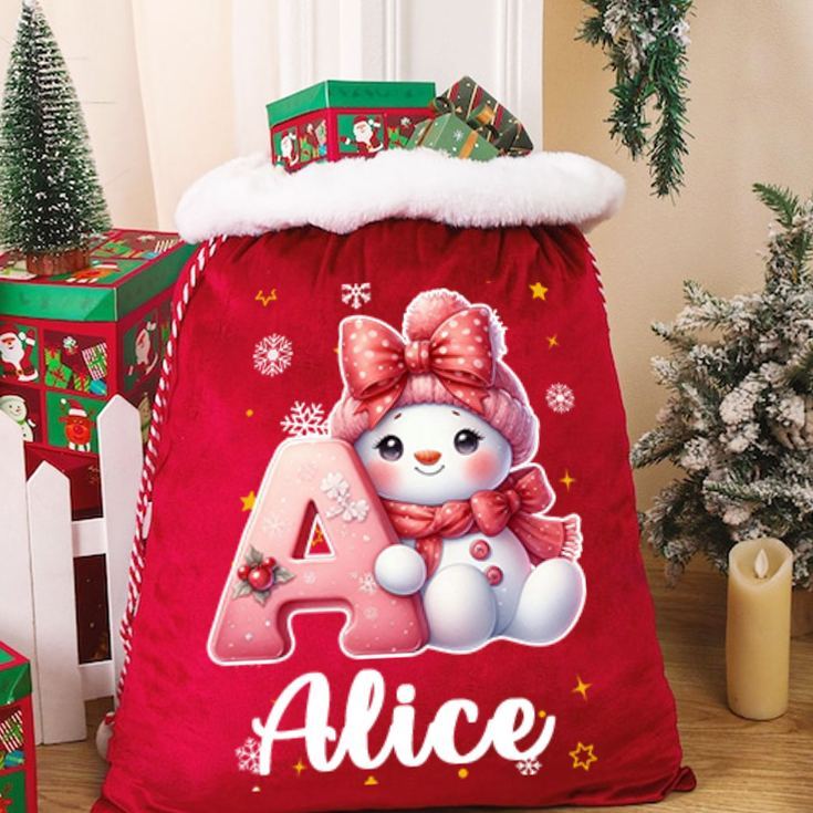 Personalized Cute Cartoon Santa Hat Snowman Initial Drawstring Gift Bag with Name Christmas Gift