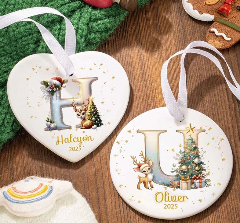 Personalized Reindeer Christmas Tree Initial Heart-shaped Ceramic Christmas Ornament with Name and Year Christmas Decor Gift for Family Friends