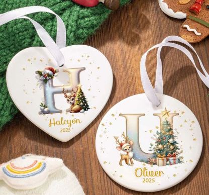 Personalized Reindeer Christmas Tree Initial Heart-shaped Ceramic Christmas Ornament with Name and Year Christmas Decor Gift for Family Friends