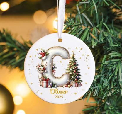 Personalized Reindeer Christmas Tree Initial Heart-shaped Ceramic Christmas Ornament with Name and Year Christmas Decor Gift for Family Friends
