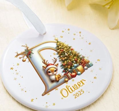 Personalized Reindeer Christmas Tree Initial Heart-shaped Ceramic Christmas Ornament with Name and Year Christmas Decor Gift for Family Friends