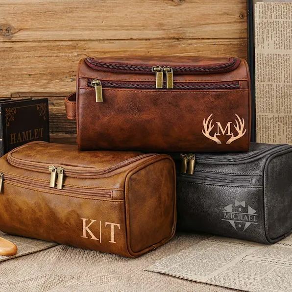 Personalized Toiletry Bag, Groomsmen Gifts-Leather Toiletry Bag for Anniversaries,Groomsmen or Him-Laser Engraved Leather Travel Kit