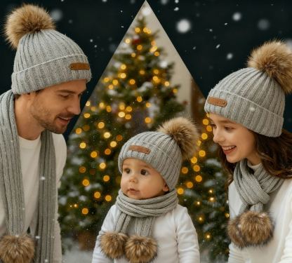 Personalized Parent Child Pom Pom Hat Set, Custom Name Family Beanie, Newborn Baby Toddler Kids Winter Hats