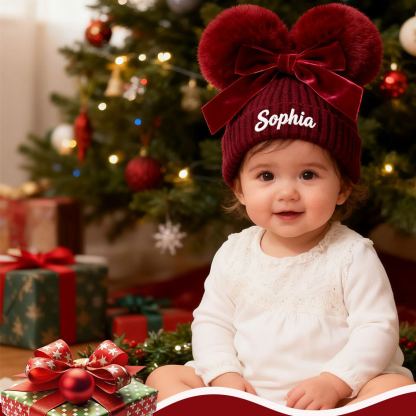 Personalized Name Newborn Beanie Hat Custom Infant Baby Bow Embroidered Warm Hats Personalized Winter Knit Hats for Boys Girls