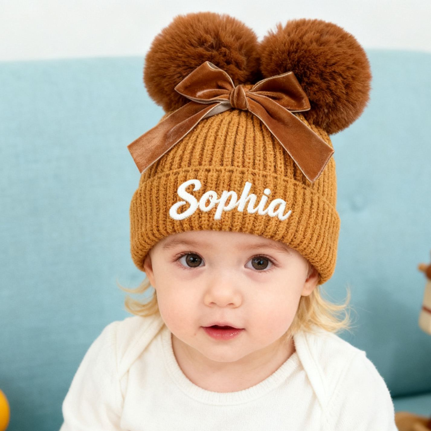 Personalized Name Newborn Beanie Hat Custom Infant Baby Bow Embroidered Warm Hats Personalized Winter Knit Hats for Boys Girls