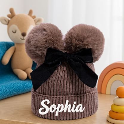 Personalized Name Newborn Beanie Hat Custom Infant Baby Bow Embroidered Warm Hats Personalized Winter Knit Hats for Boys Girls