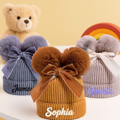 Personalized Name Newborn Beanie Hat Custom Infant Baby Bow Embroidered Warm Hats Personalized Winter Knit Hats for Boys Girls