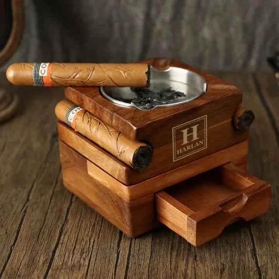 Personalized Whiskey & Cigar Tray Glass Holder Ashtray Whiskey, 2 in 1 Wooden Cigar Ashtray With Whiskey Glass Holder, Great Gifts for Men