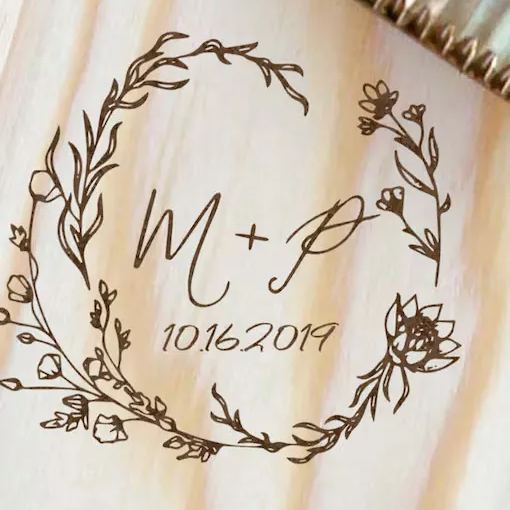 Rustic Wedding Branding Iron for Newlyweds, Custom Brass Wood Brander with Wreath Logo and Date