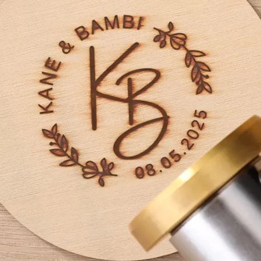 Custom Wedding Branding Iron with Electric Handle, Personalized Wreath Logo Stamp for Wood Ceremony Boards