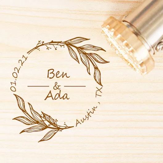 Custom Brass Wedding Branding Iron for Wood and Leather, Personalized Wreath Stamp for Wedding Favors