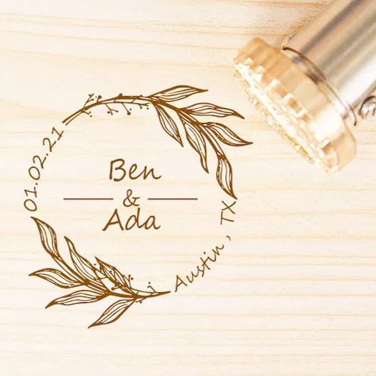 Custom Brass Wedding Branding Iron for Wood and Leather, Personalized Wreath Stamp for Wedding Favors