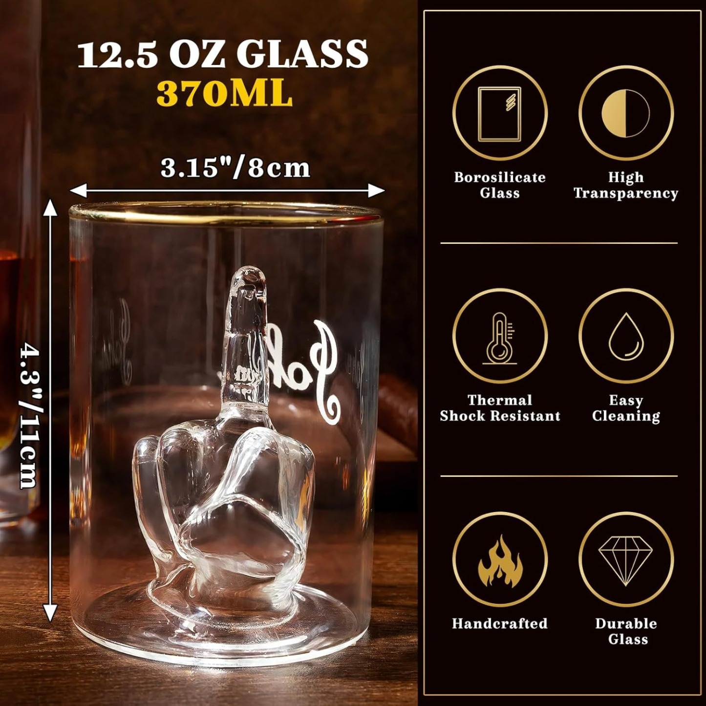 Personalized Middle Finger Funny Whiskey Glass, 12.5 OZ Glass for Scotch, Bourbon, 3D Middle Finger Design, Fun Gag Gifts for Men, Dad, Husband, Boyfriends, Party Favor, Valentine's Gifts