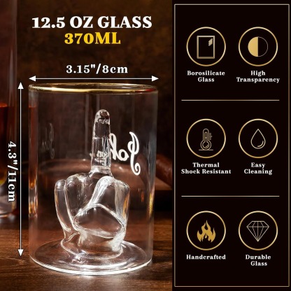 Personalized Middle Finger Funny Whiskey Glass, 12.5 OZ Glass for Scotch, Bourbon, 3D Middle Finger Design, Fun Gag Gifts for Men, Dad, Husband, Boyfriends, Party Favor, Valentine's Gifts