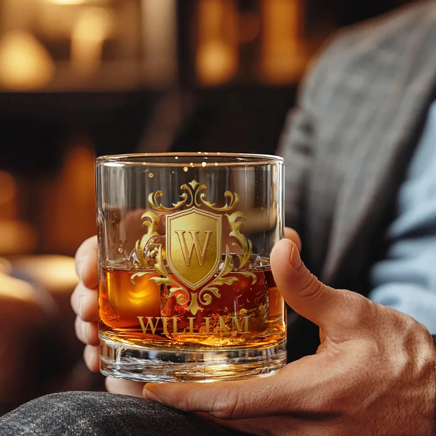 Personalized Golden 3D Badge Initial Name 10 oz Rock Whiskey Glass Old Fashioned Birthday Gift for Man Bartender Whiskey Enthusiast