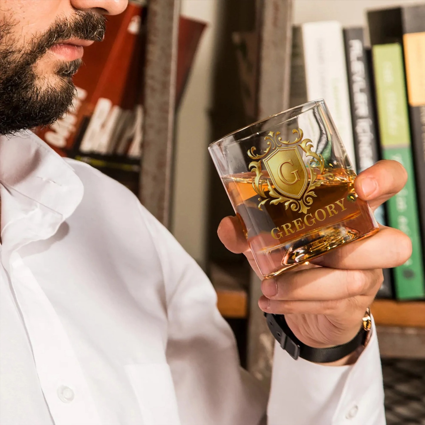 Personalized Golden Badge Initial Name 10 oz Rock Whiskey Glass Old Fashioned Birthday Gift for Man Bartender Whiskey Enthusiast