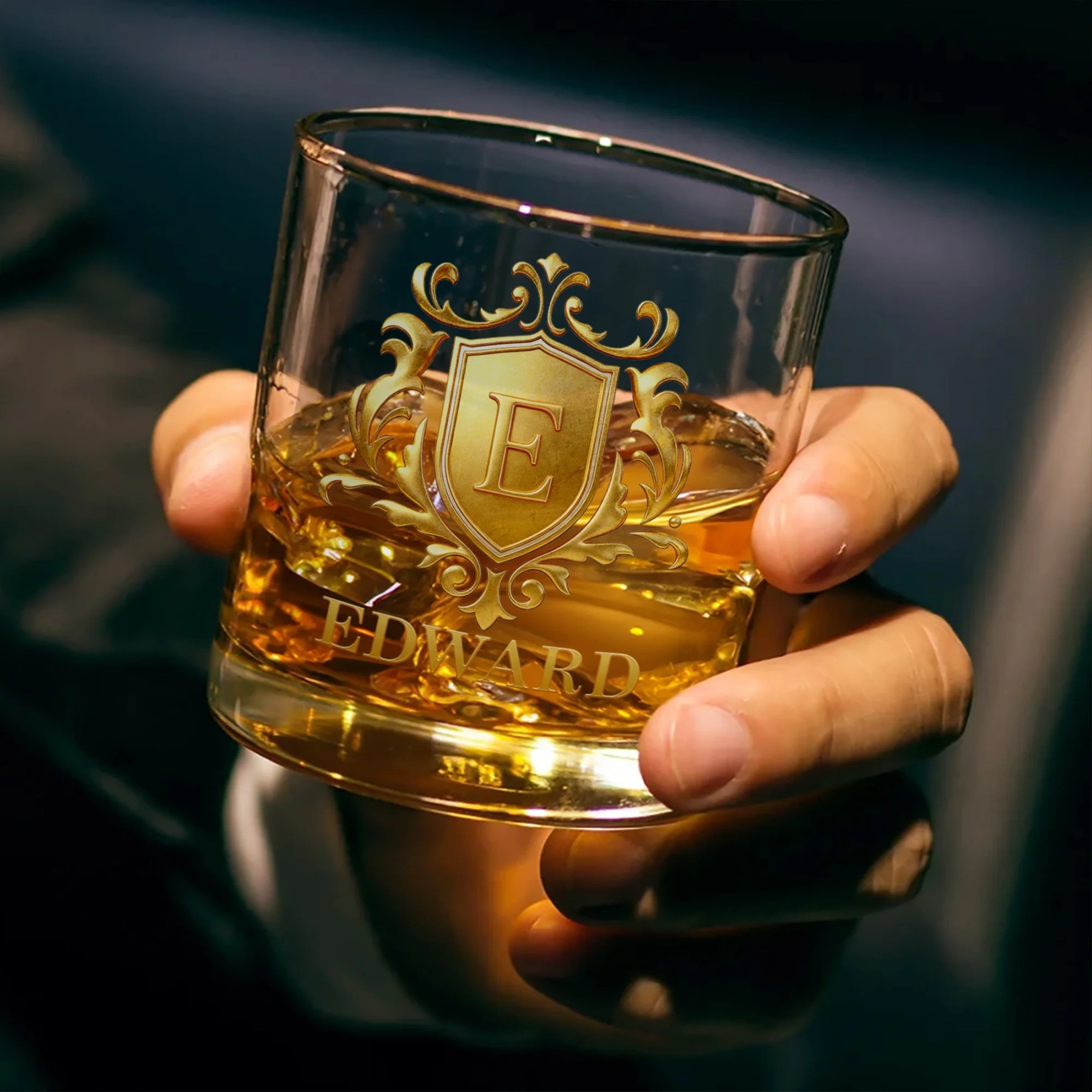 Personalized Golden Badge Initial Name 10 oz Rock Whiskey Glass Old Fashioned Birthday Gift for Man Bartender Whiskey Enthusiast