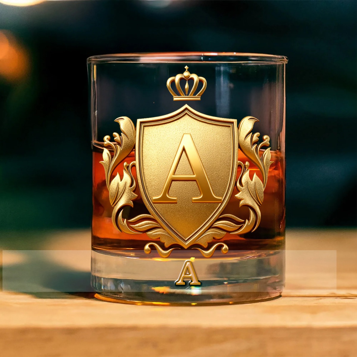 Personalized Golden 3D Badge Initial Name 10 oz Rock Whiskey Glass Old Fashioned Birthday Gift for Man Bartender Whiskey Enthusiast