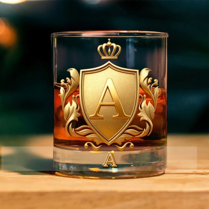 Personalized Golden 3D Badge Initial Name 10 oz Rock Whiskey Glass Old Fashioned Birthday Gift for Man Bartender Whiskey Enthusiast