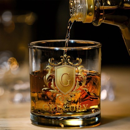Personalized Golden 3D Badge Initial Name 10 oz Rock Whiskey Glass Old Fashioned Birthday Gift for Man Bartender Whiskey Enthusiast